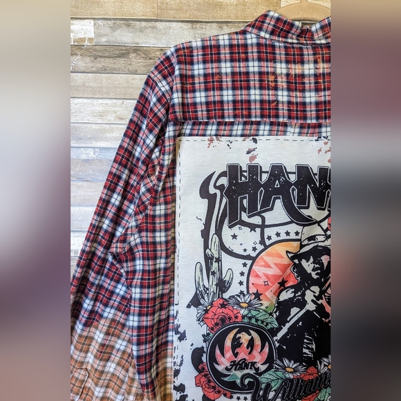 Hank Williams Jr Upcycled Handcrafted Dip Dye Bleach Flannel Shirt - Picture 5 of 16